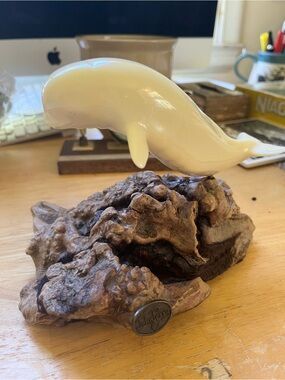 John Perry Cream Whale Sculpture on Driftwood Base